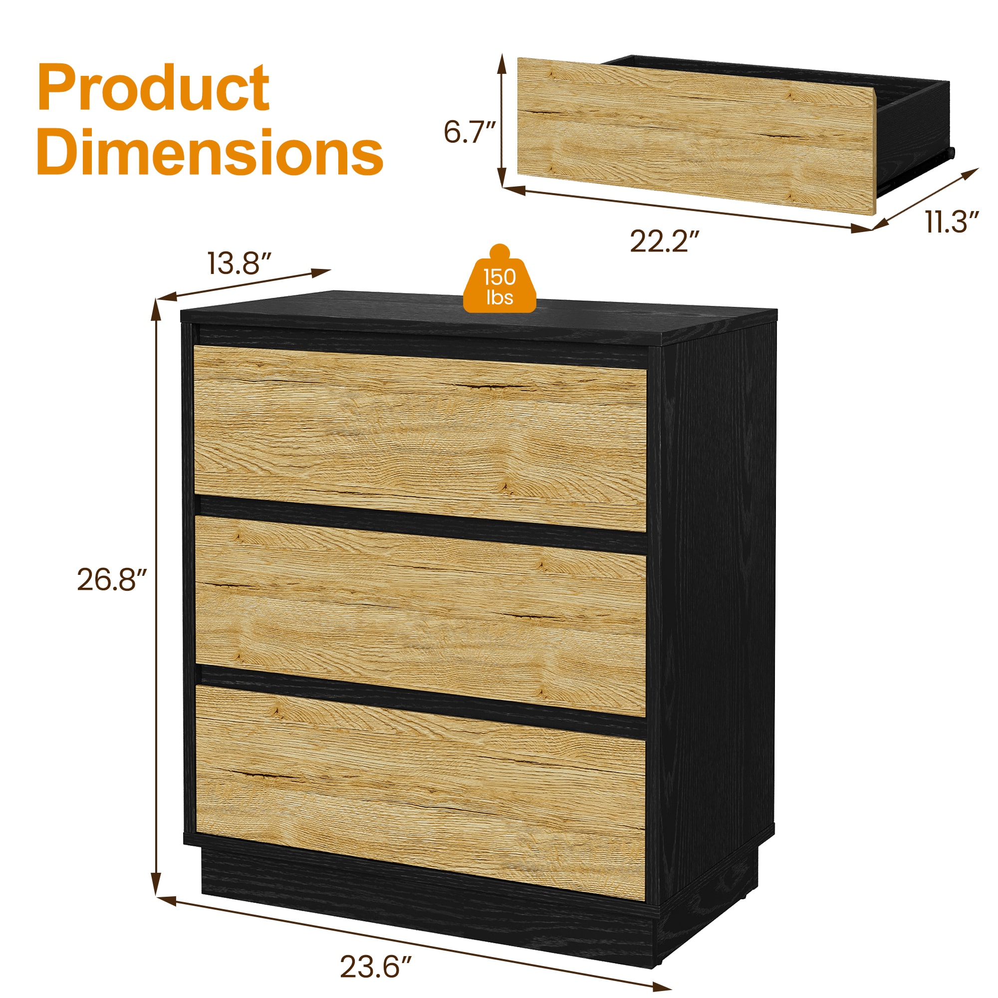 Wide Nightstand With 3 Drawers, Modern Chest Of Drawers For Bedroom, Large End Table With Hidden Pull-out System, Wooden Dresser For Living Room, Closet, Black And Wood_maomaolike.com